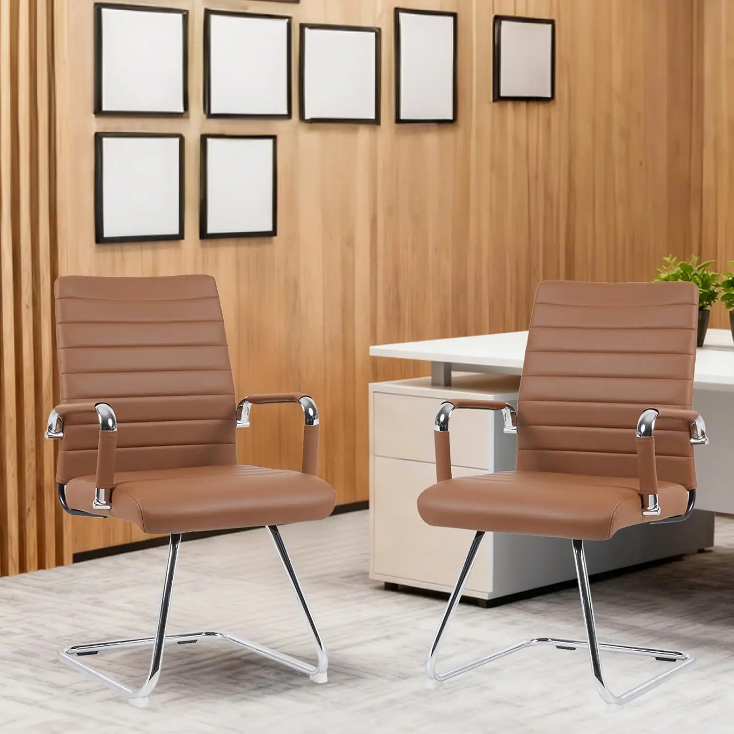 Sidnali Waiting Room Chairs, Office Guest Chair with Sled Base Mid Back for Reception Conference Room, Brown Set of 2