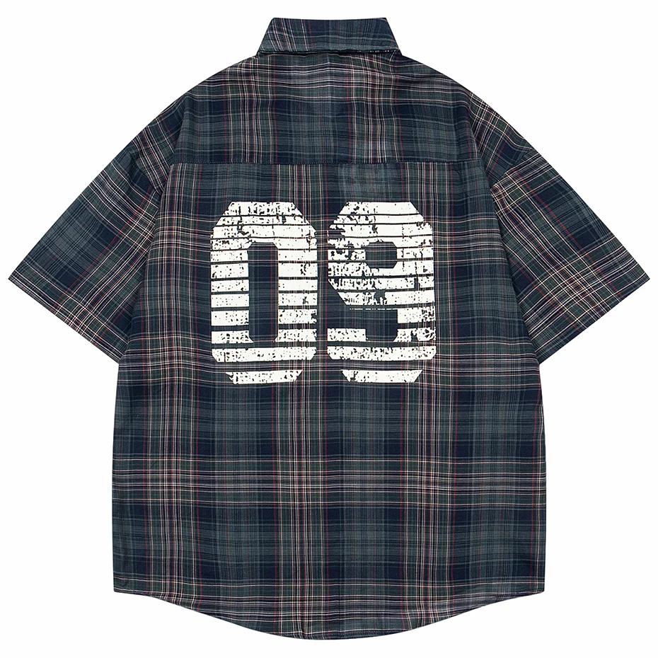 

Vintage Shirts with Necktie Unisex Varsity Shirts Vintage Plaid Short Sleeve Button Up Blouse Japan Style Oversized Shirts