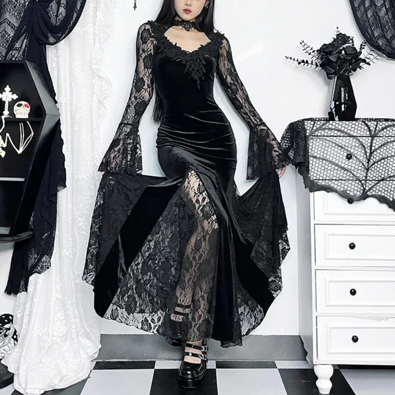 Goth Vintage Mall Gothic Elegant Lace Trumpet Dresses Grunge Aesthetic Punk V-neck Long Dress Women Slim Evening Alt Clothe