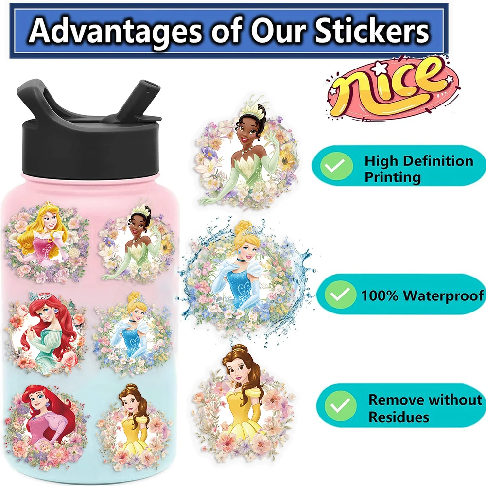 50 pezzi Disney Biancaneve Ariel Belle Principessa adesivi Estetici Graffiti Decalcomanie per bambini Laptop Bagagli Scrapbook Diario adesivo