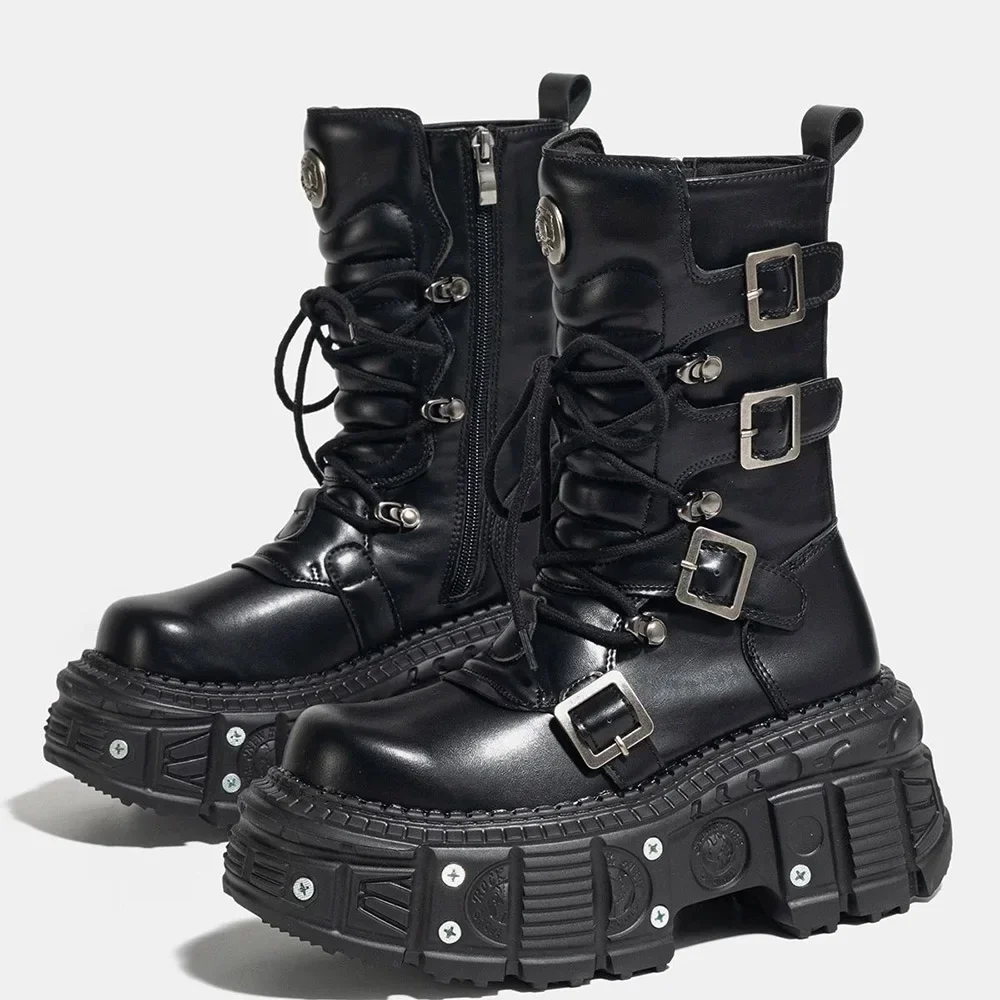 2025  Woman Rock Boots New Punk Style Women Shoes Lace-up Platform ShoesMetal Decor Thick Bottom Street Shot Knight