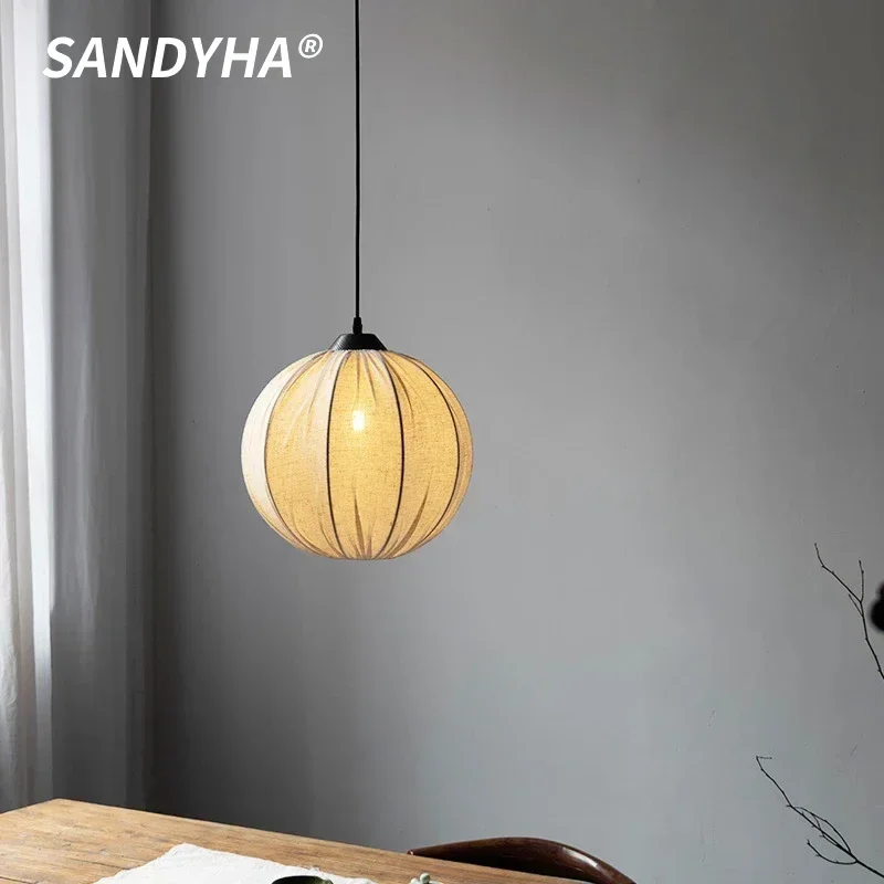 SANDYHA Modern Wabi Sabi Linen White Pendant Light Stylish Hanging Lamp for Dining Room Bedroom Living Room Decor Natural