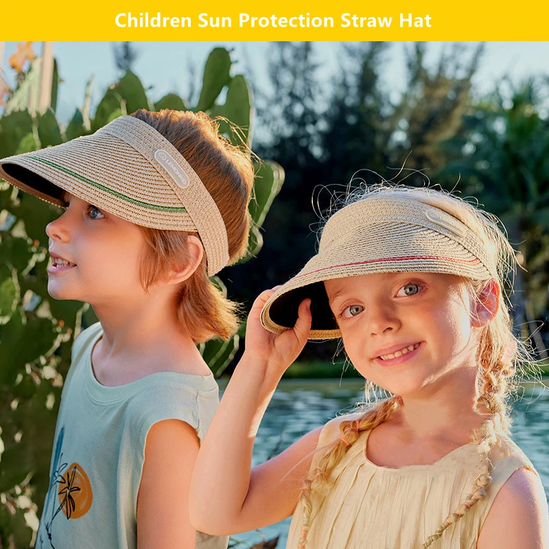 

Japan Style Children Straw Caps Kids Sun Hats Empty Top Black Coated Lining Hat Child Straw Sunshade Sunscreen Cap For 3-10Y