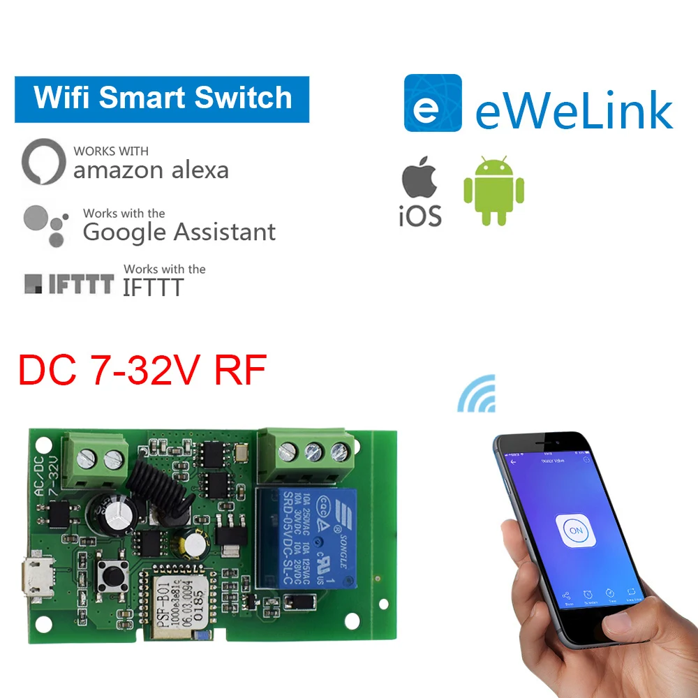 

Ewelink Smart Speaker Wireless Switch Module 1CH AC/DC7-32V USB5V RF433.92MHz Garage Door Receiver Alexa Google Home