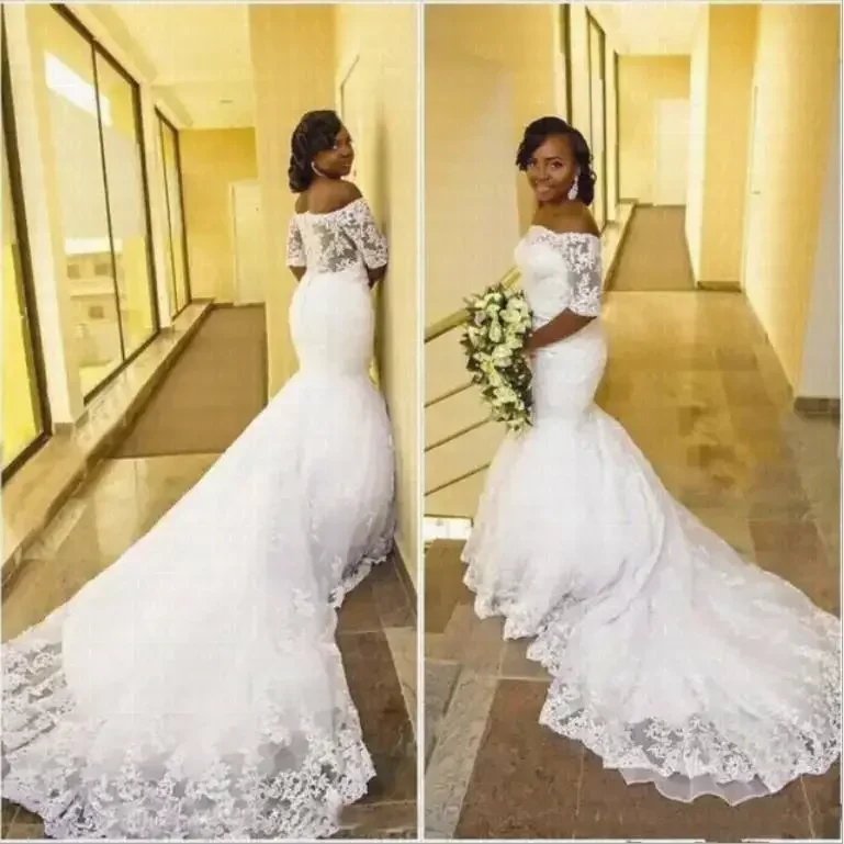 Customized African Women Custom Made Illusion Wedding Dresses Half Sleeve Applique Mermaid Lace Bridal Gowns 2024