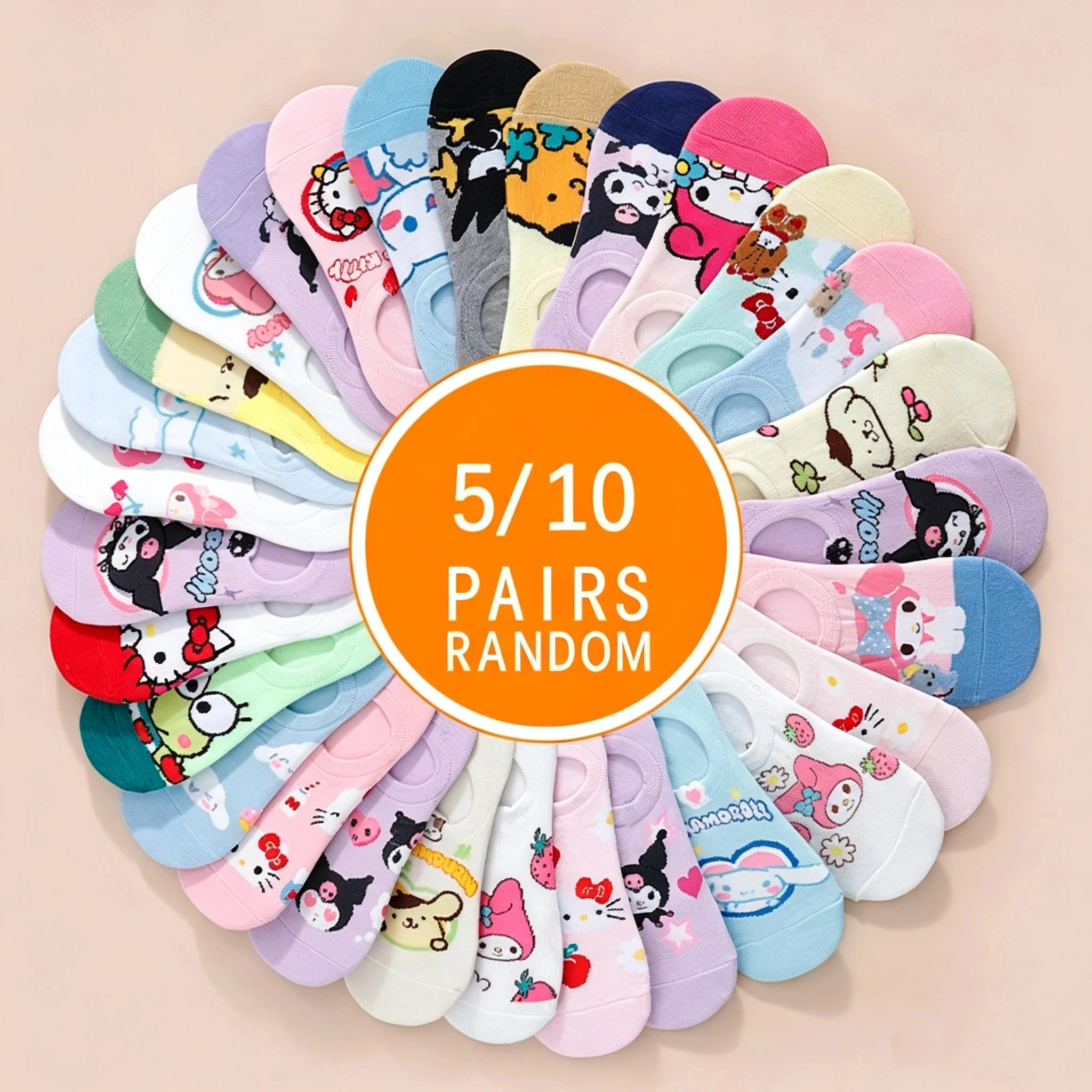 5/10 Pairs of Random Sweet and Cute Cartoon Cotton Printed Women's Invisible Socks Lightweight and Breathable Casual Ankle Socks
