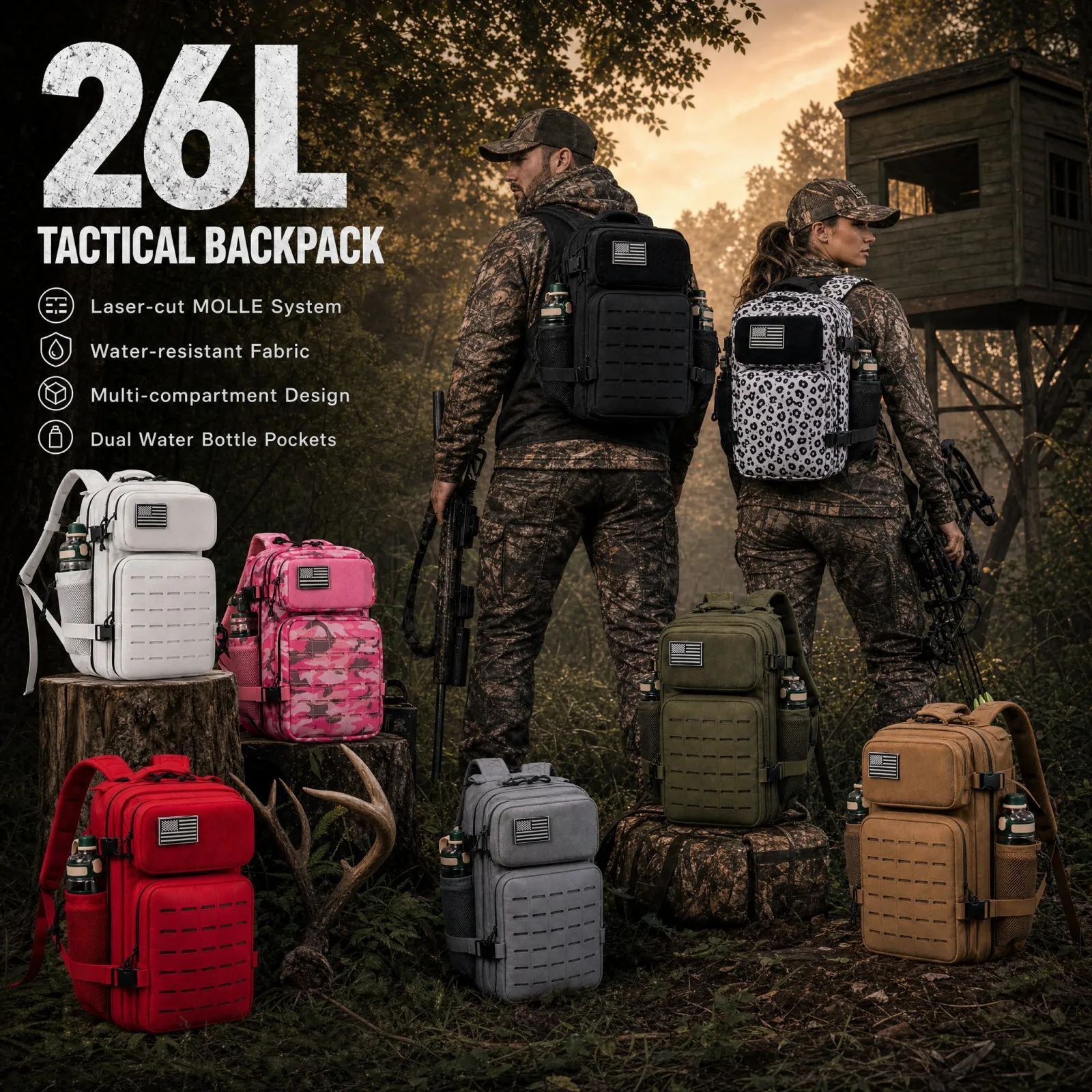 Mochila Táctica de Caza de 26L para Hombre con Portavasos Dobles, Mochila MOLLE para Senderismo al Aire Libre, Caza de Ciervos, Caza con Arco, Caza de Alces, Patos y Aves Acuáticas, Bolsa de Almacenamiento para Camping y Viajes