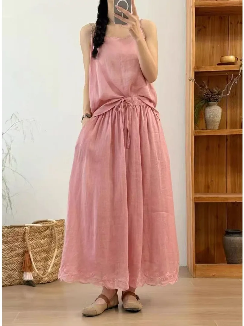 

Ele Double Layered Slimming Summer Long Skirt with Embroidery Wide Hemline Midi Skirt in Silk for Women