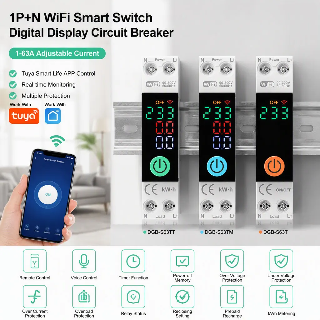 DIY GO Tuya WIFI Smart-Schalter Leistungsschalter Spannungs-, Strom- und Energieanzeige Überlastschutz Relais Speicher 1P+N 230