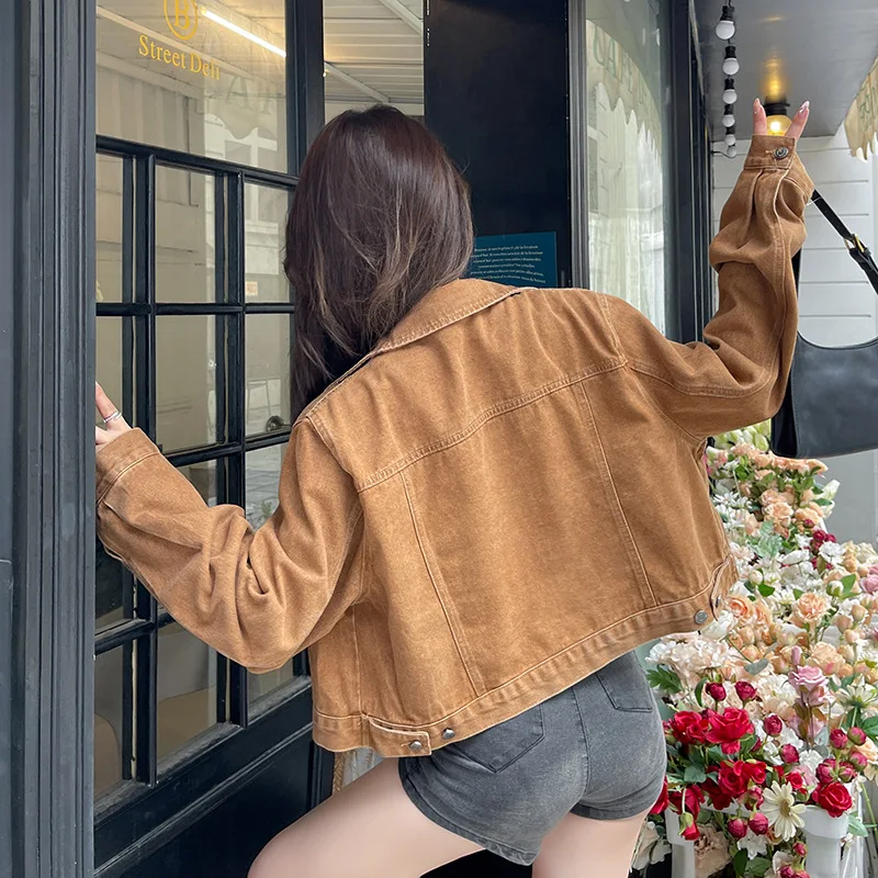 Spring Autumn Coffee Casual Women's Retro Single Breasted Lapel Loose Denim Jacket
