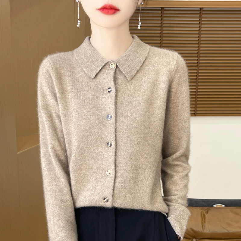 Women\'s Sweater 100% Merino Wool POLO Collar Cardigan Knitted Warm Jacket Autumn And Winter Loose Warm Soft Cashmere Sweater DMR