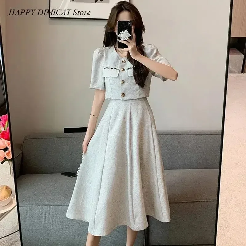 Two-Piece Set for Women, Coat Top and Midi Skirt Suits, Small Fragrant, Korean Fashion, Sweet and Elegant, New, Summer