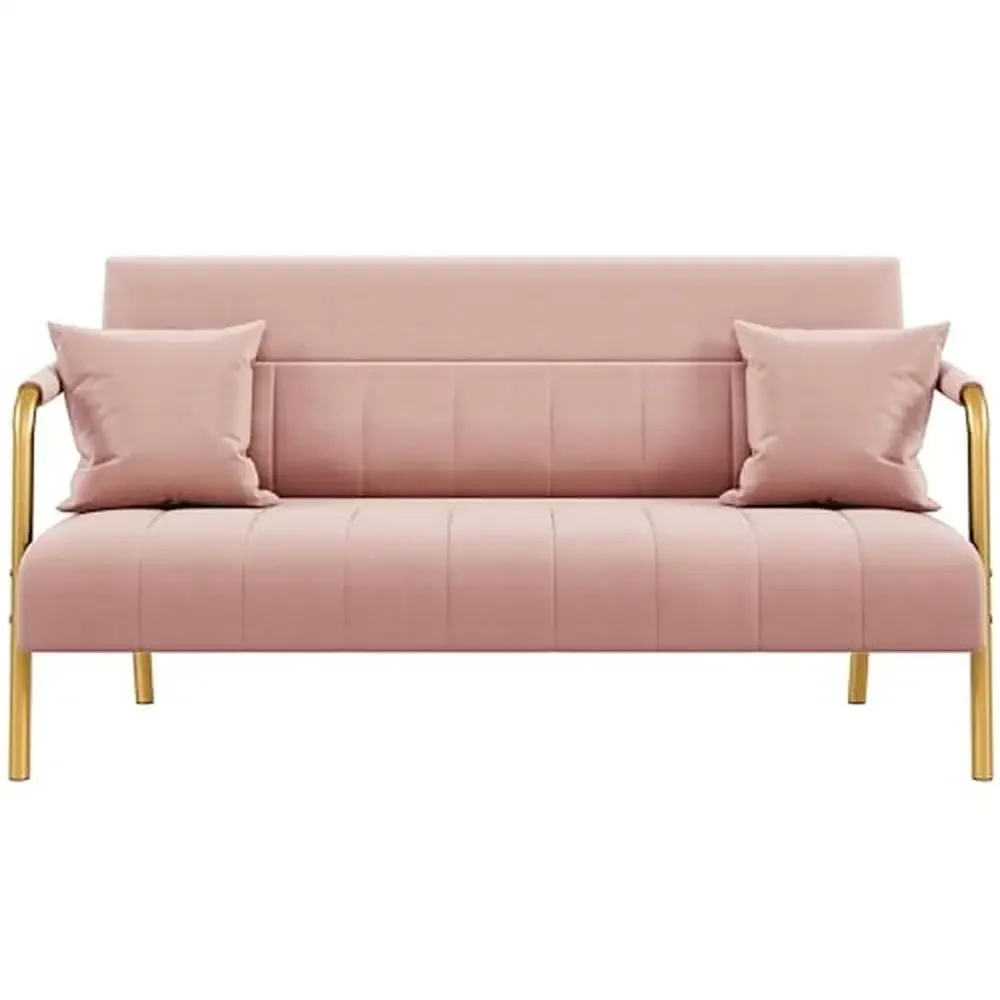 Luxuoso sofá de veludo rosa, pernas de metal dourado, estilo glam moderno, 56,5"