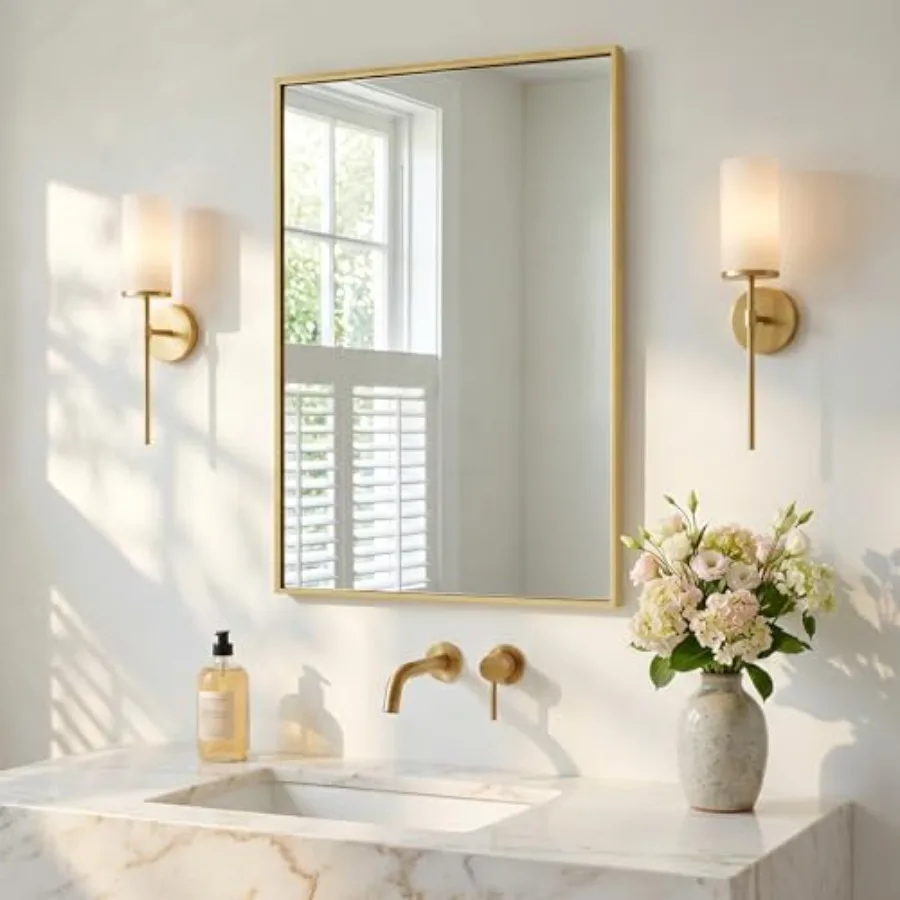 

4"x36" Bathroom Mirror for Wall, Shatterproof Tempered Glass, Brass Tone Rectangle Narrow Frame, H/V Wall-Mounted, Ultra-Flush