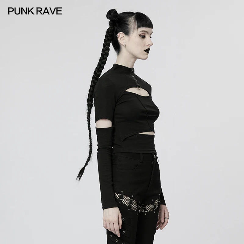 Imagem -02 - Punk Rave Feminino Estilo Punk Oco para Fora Camiseta Bonito Diário Linhas de Cor Contrastante Sexy Curto Topos Primavera Roupas Femininas