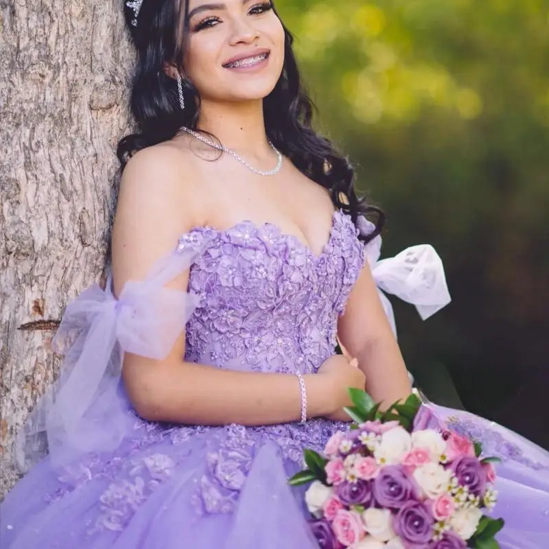 Shiny Lavender Lilac Quinceanera Dress Ball Gown Lace Applique Beaded Mexico Corset Sweet 16 Vestidos De 15 Años