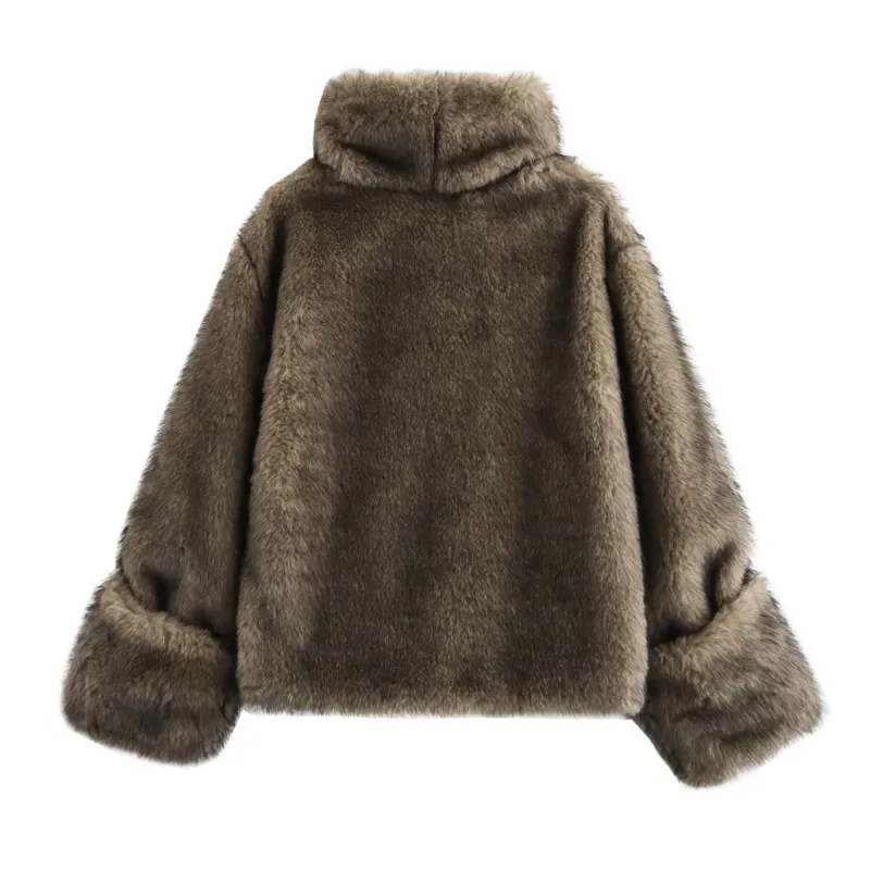 TRAF Artificial effect fur hoodie Women Autumn Soft sweater Casual Loose Vintage Pullovers Top Pocket Coats Female Outerwear