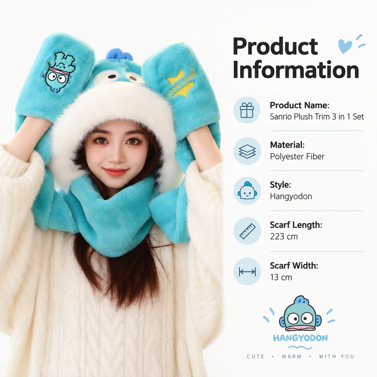 Sanrio Autumn Winter Thick Furry Warm 3-In-One Hat Scarf Glove Set Outdoor Cold Weather Halloween Cosplay Warm Costume Accessory - view 6