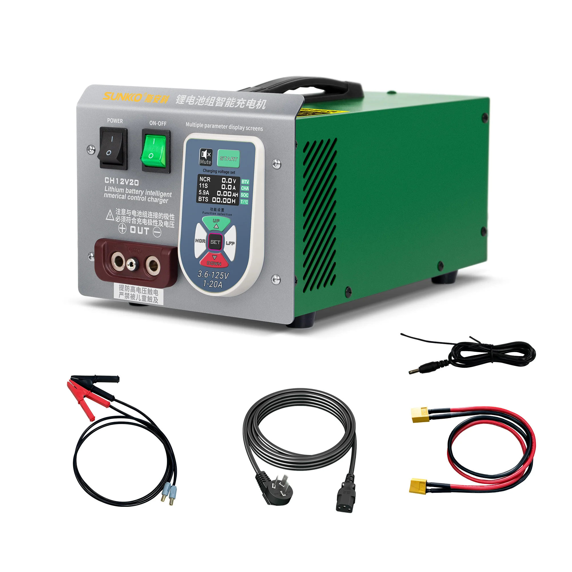Caricabatterie intelligente SUNKKO CH12V20 3,6-125 V 20 A per batteria agli ioni di litio/LiFePO4, tester di capacità, protezione da cortocircuito, ricarica CC/CV