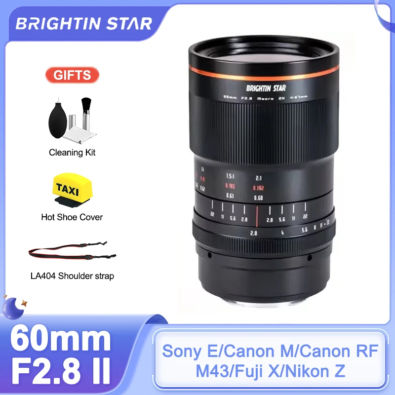 Brightin Star 60mm F2.8 II Full  Frame Super Macro 2:1 Magnification Lens for Sony E Nikon Z Fuji X Canon EOS M R RF M4/3 Camera