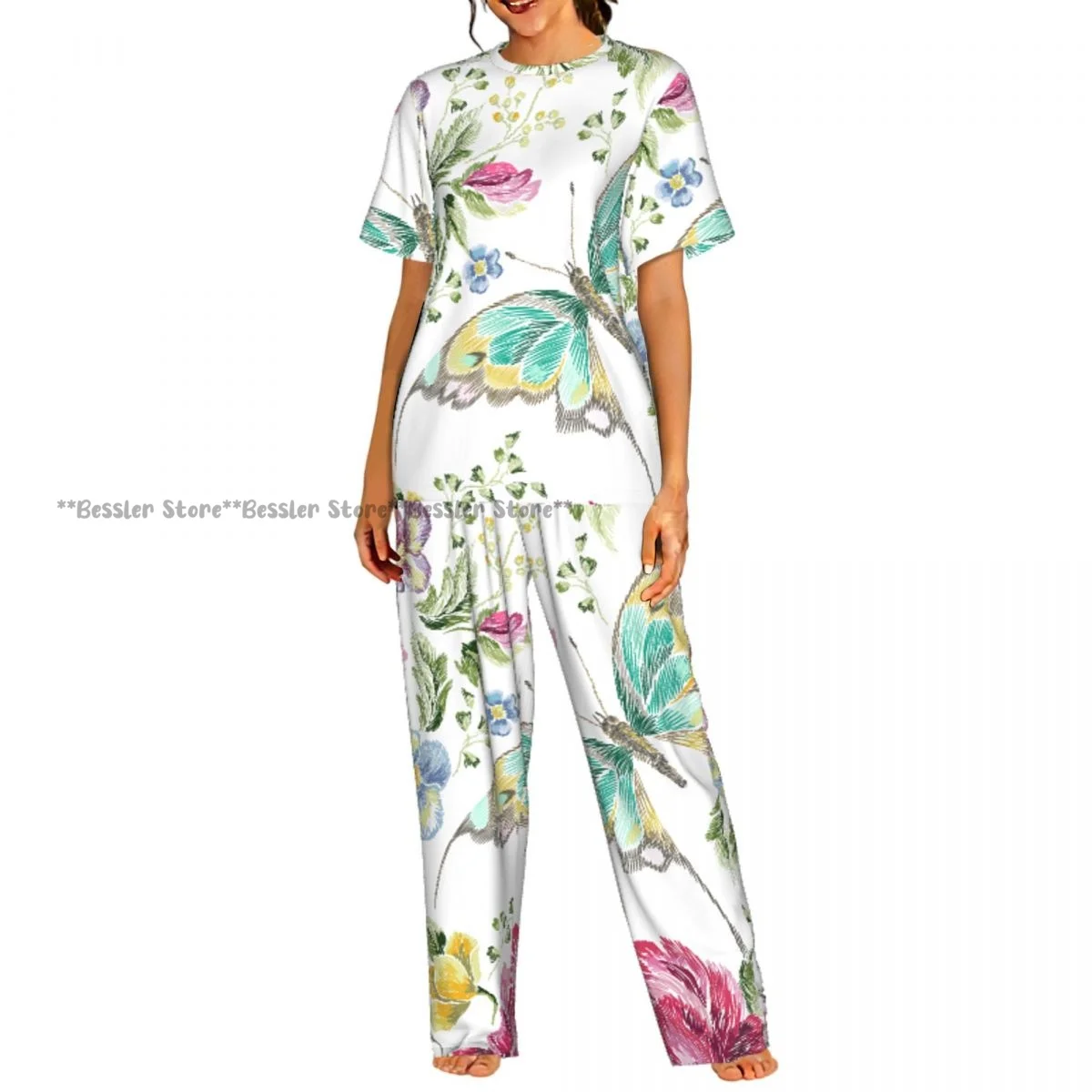 

Женская комфортная пижама с вышивкой: цветы, розы, фиалки и бабочки, комплект с короткими рукавами, одежда для сна