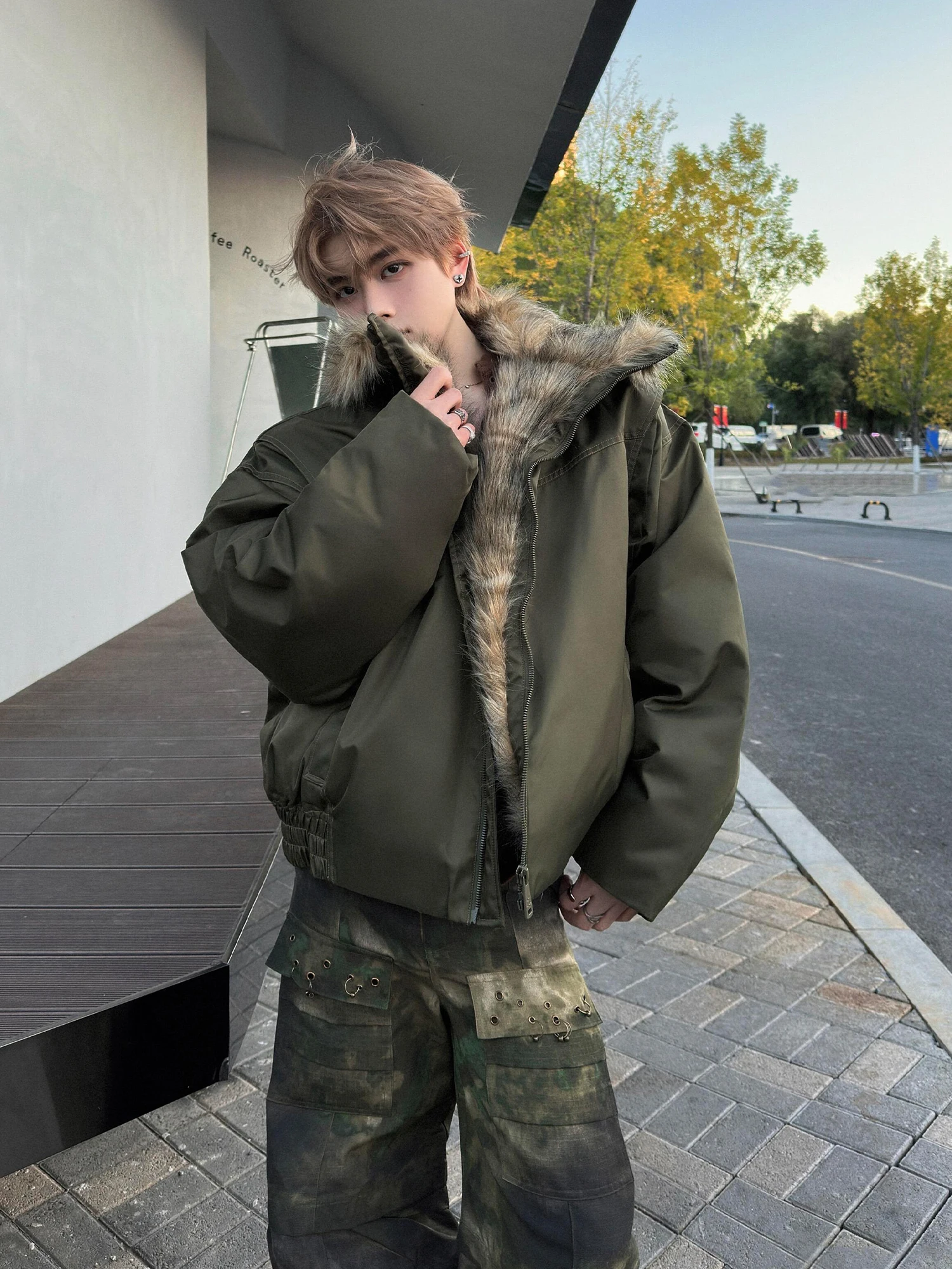 

Military een Cotton Jaet Men's Warmth Faux Fur Collar Zipper Closure Slim Fit Casual Sle Autumn Winter Outerwear