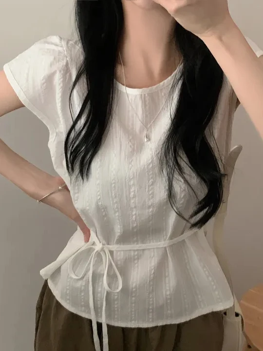 Ele Chic ort Sve irt Women's round Ne Rope Waist Tie Summer New Sle Classy Top Quali Material Faionable Wo...