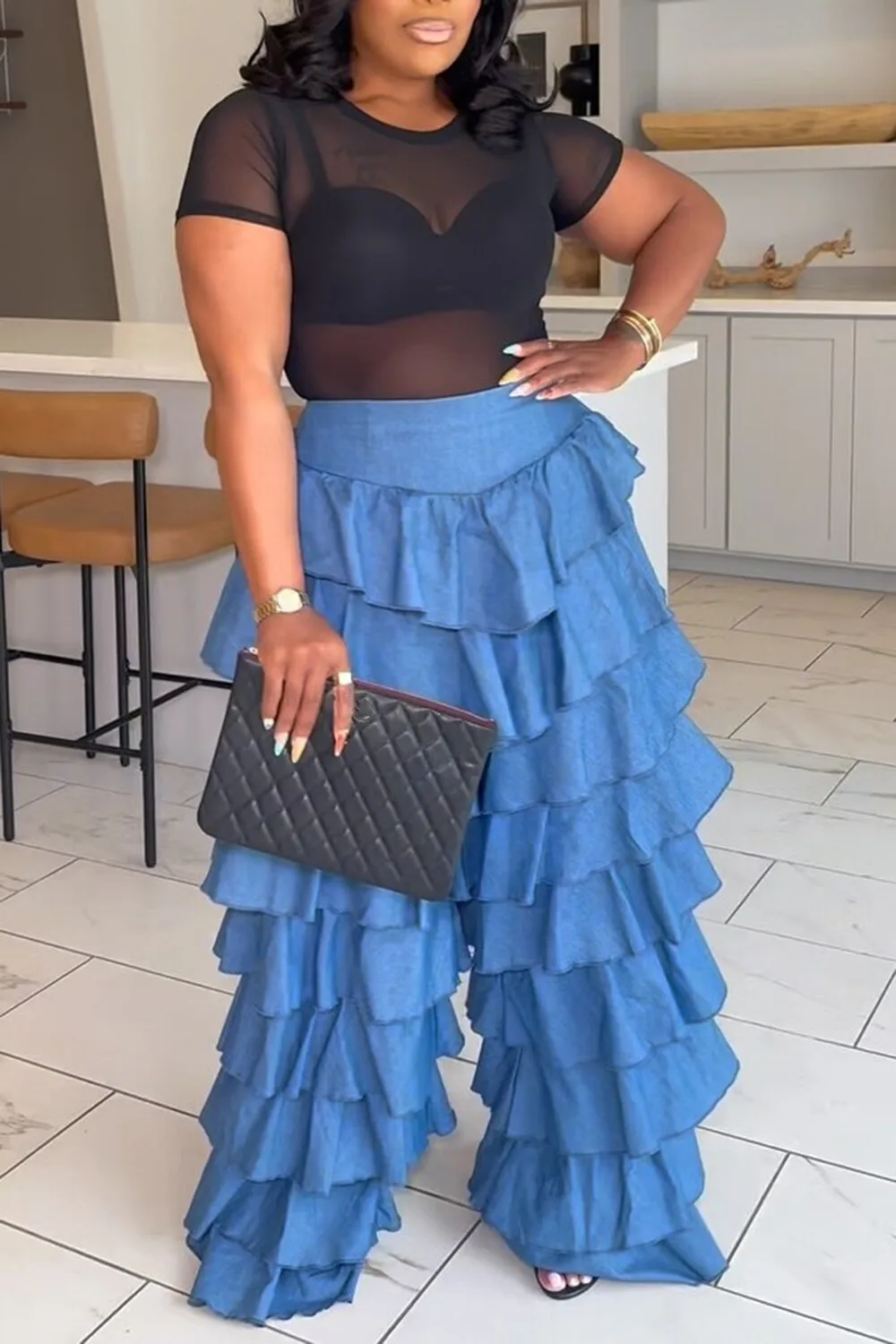 

Plus Size Party Blue Casual Tiered Pocket Tencel Denim Jeans