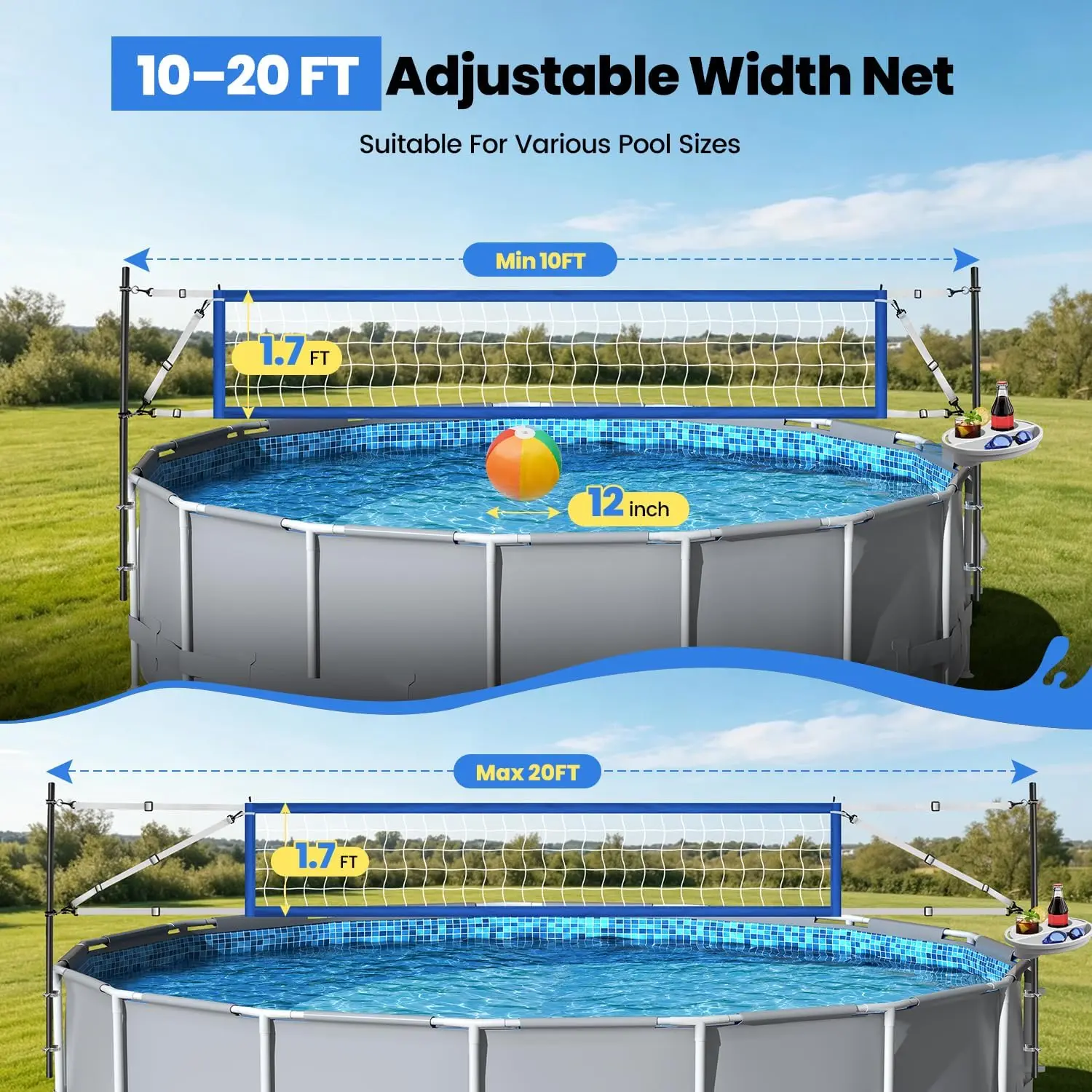 Volleyball Net Set for Above Ground Pools with Storage Tray – Adjustable 10-20 FT Width Anti-Sagging Pool Volleyball Net – Outdoor Poolside Game Accessories Includes Ball, Pump, Poles