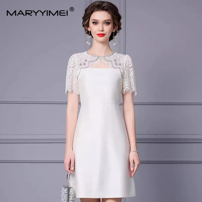 MARYYIMEI Fashion Summer Ivory white/Black Women's Dress Short sleeved Beading Lace Splicing Solid color A-Line Mini Dresses