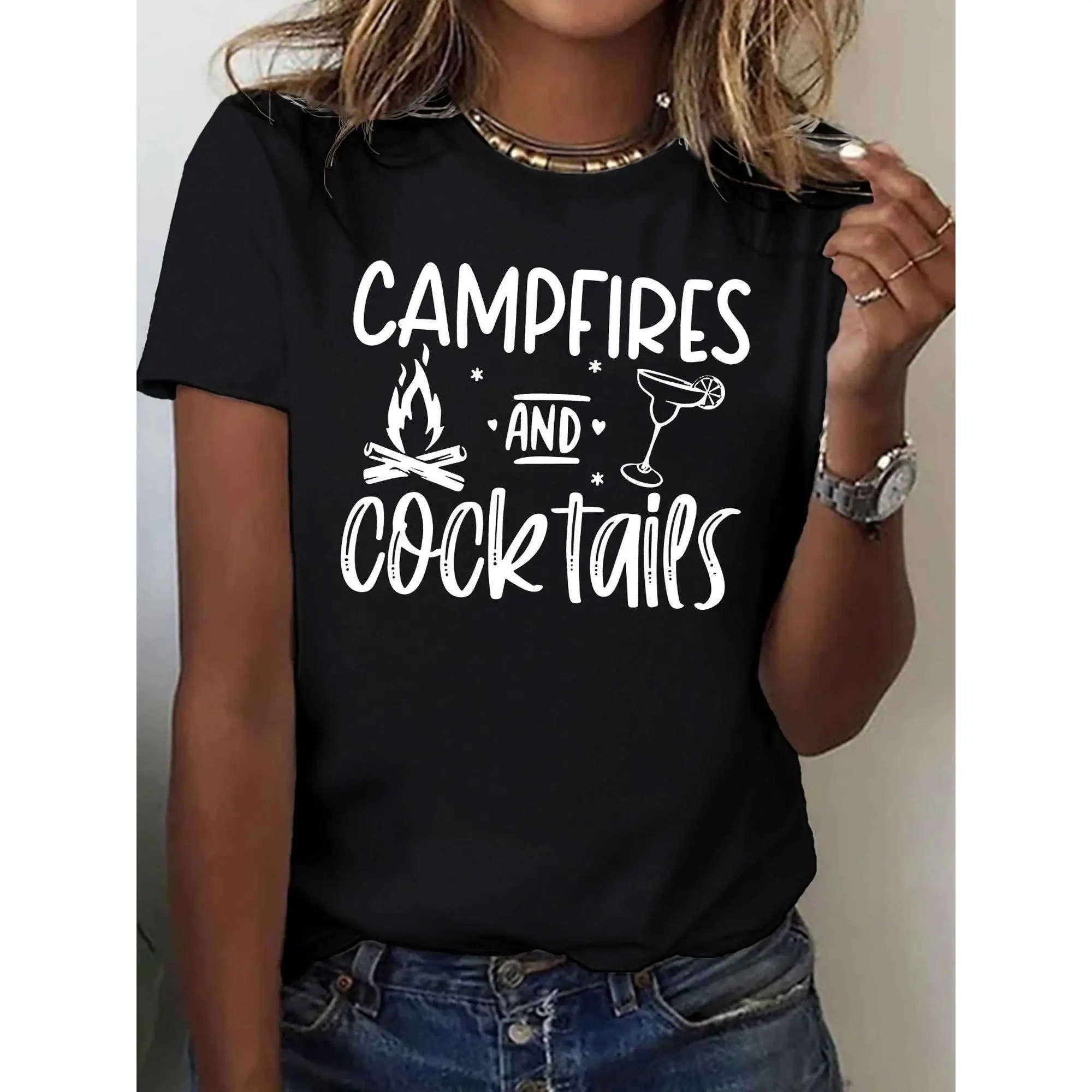 

[Campfires T-Shirt] Graphic Women's Campfires and Cocktails T-Shirt | Black, Casual, Short Sleeve, Round Neck, Geometric Print,