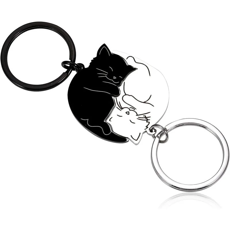 2PCS Couples Matching Cat Charm Key Chain Key Ring Stainless Steel Lover\'s Valentine\'s Day Gift