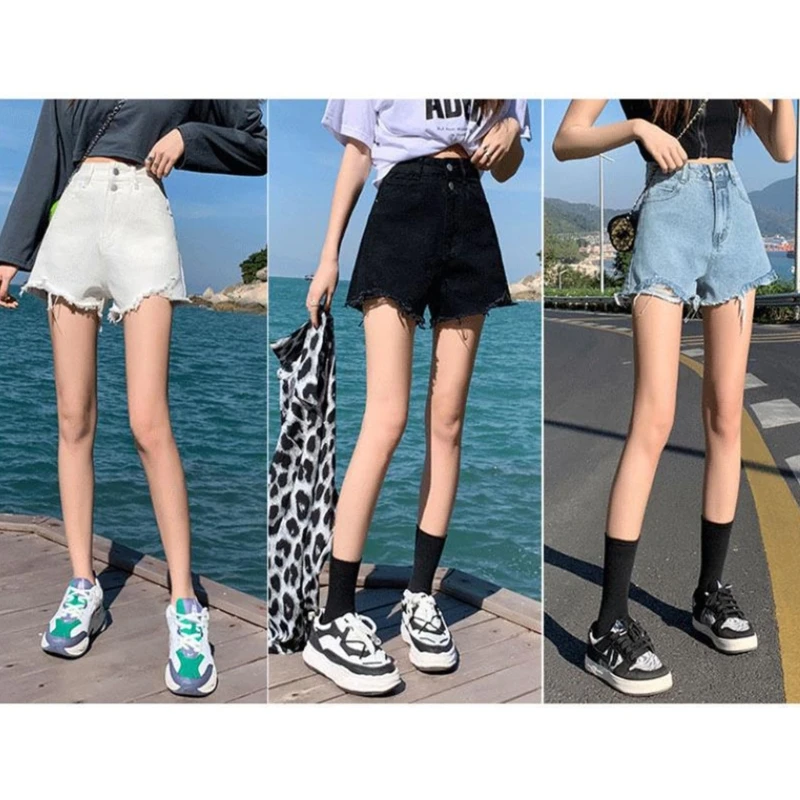 

Women Summer Double Button High Waist A-Line Jeans Shorts Ripped Hem Frayed Distressed Wide Leg Short Jeans with Pockets 066C