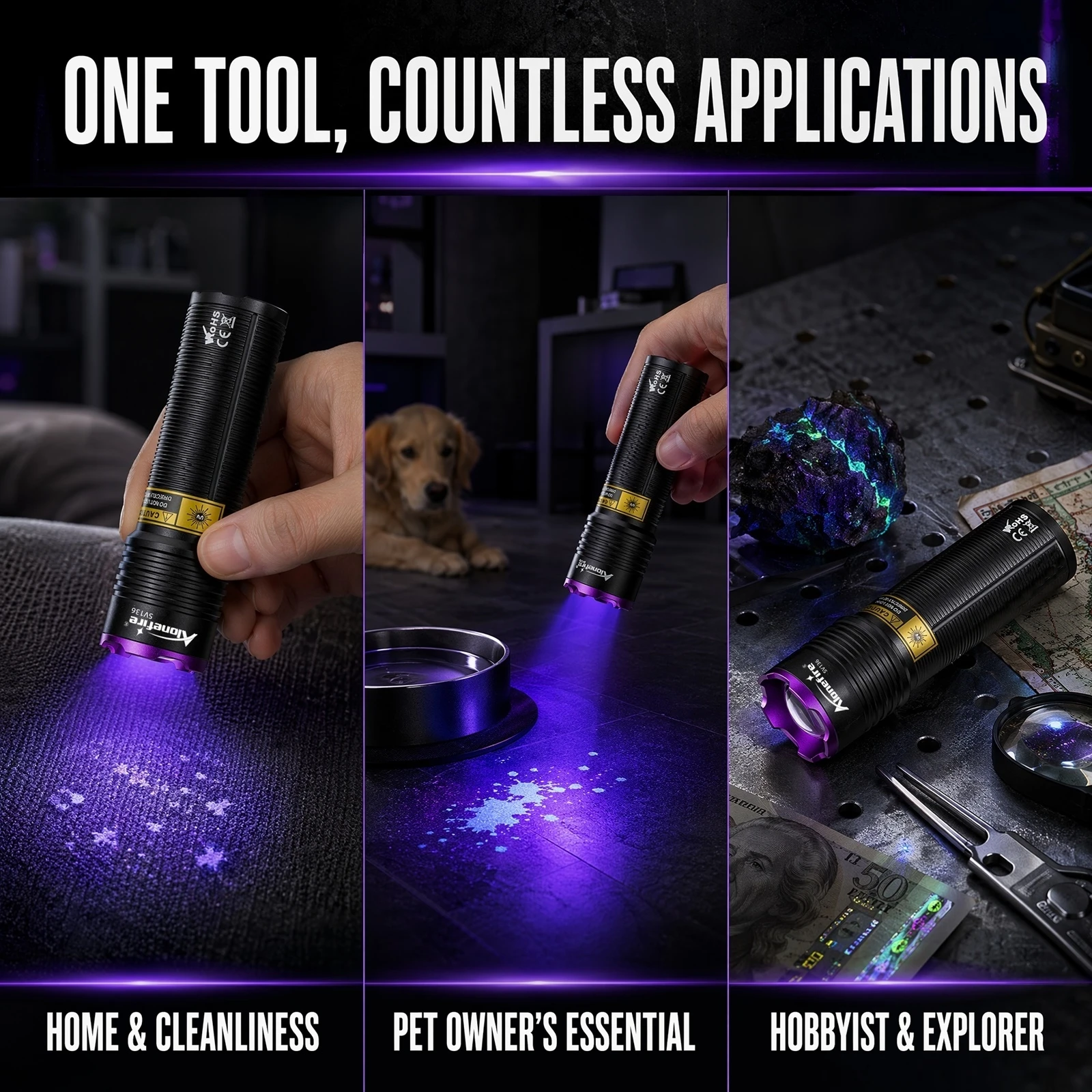 Alonefire Zoom 365nm/395nm Mini UV Led Light Flashlight Pet Cat Dog Urine Tinea Ore Money Jade Scorpion Detection Lamp Torch view 2