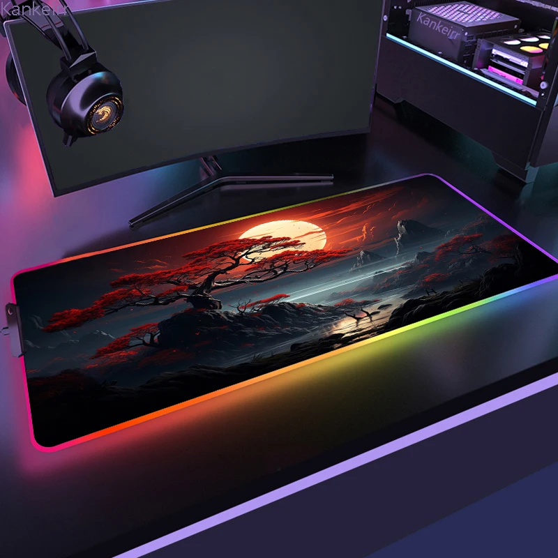 

RGB Mouse Pad Natural Rubber Table Pads Landscape Mountain Sunset Cartoon Keyboard Pad XXL Extended PC Non-slip Backlight Carpet