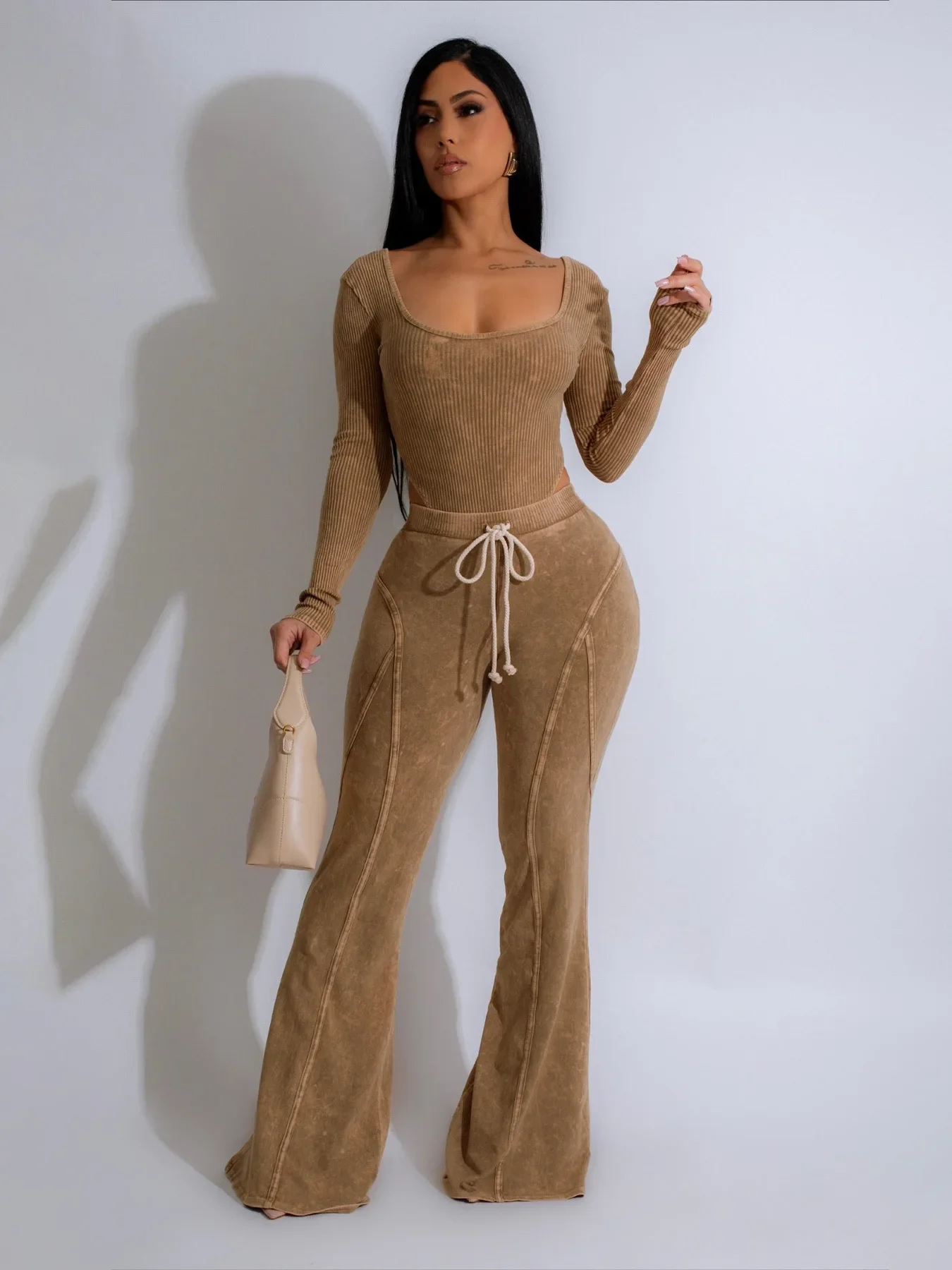 Autumn Women's Wear Two-Piece Set Square Neck Long Sleeve Bodysuits with Long Pants Casual and Versatile Outfit for Women