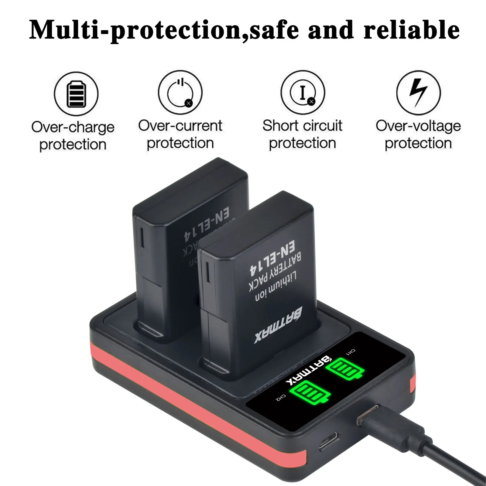 Batteria Batmax EN-EL14 EL14a + caricatore doppio LED e porta di tipo C per Nikon P7800,P7700,P7100,P7000,D5600,D5500,D5300,D5200,D5100,DF