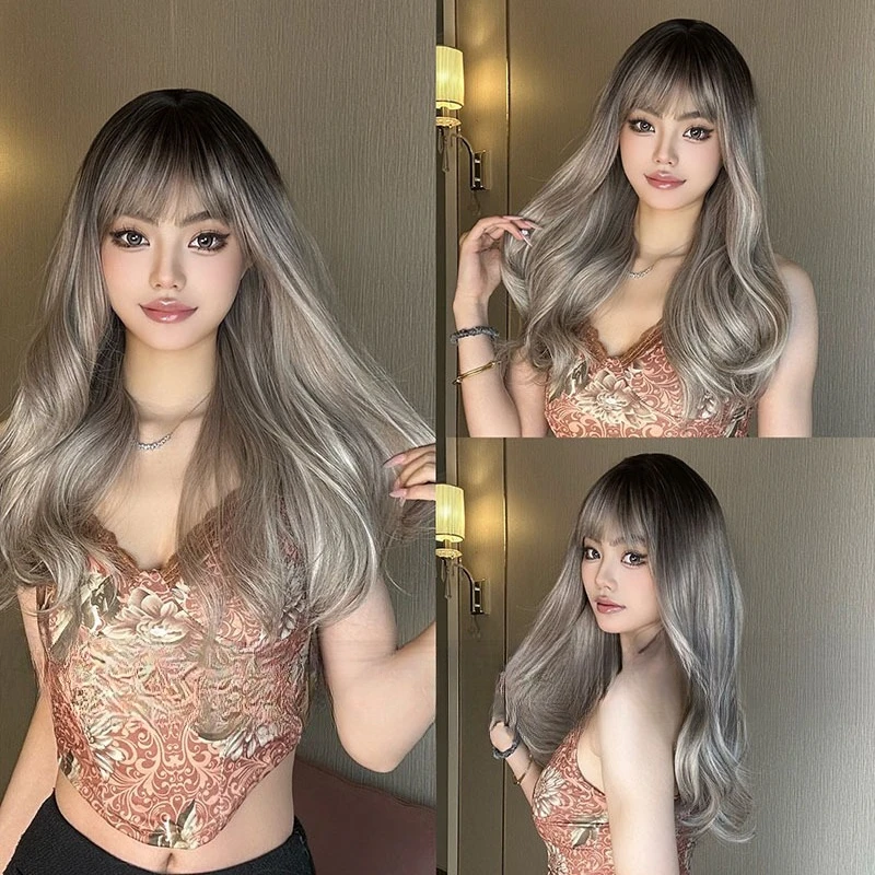 

Qi bangs long curly hair wig fashion women gradually change color big wave long curly hair wig