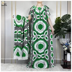 2023 Latest African Fashion Summer Short Sleeve Dresses With Big Scarf Floral Print Cotton Elegant Maxi Islam Women Loose Abaya