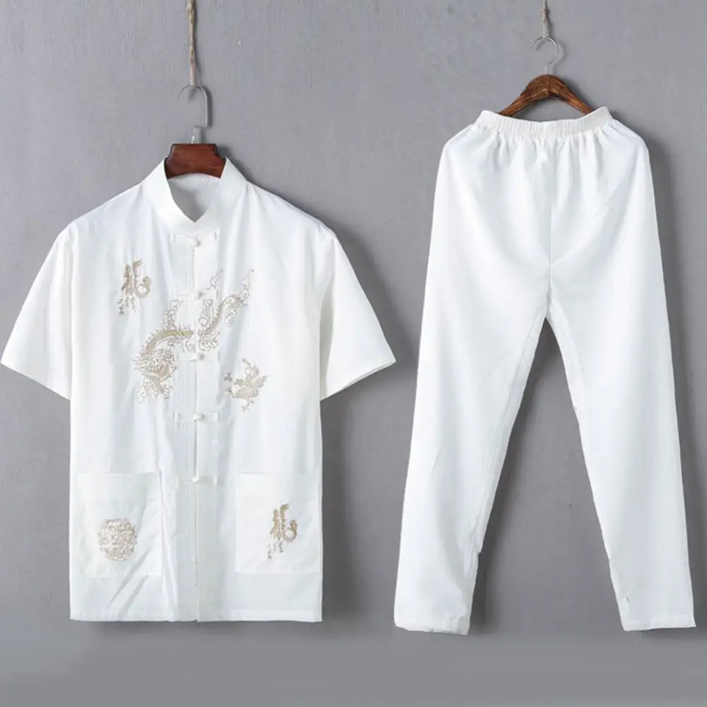 2Pcs/Set Mid-aged Men's Casual Suit Chinoiserie Chinese Style Dragon Pattern Short Sleeve Tops Toursers Set Two-piece Suit