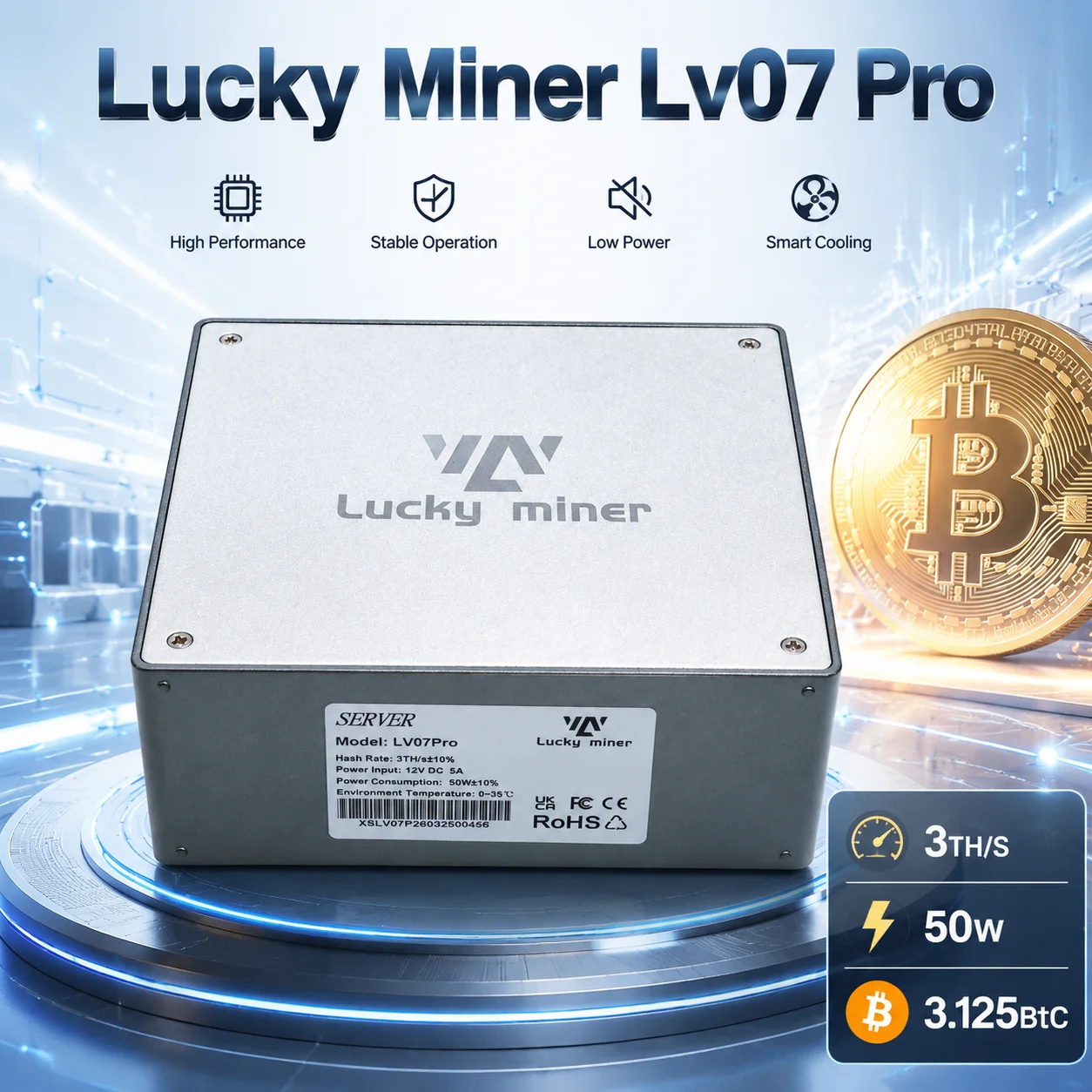 2026 Lucky Miner LV07 pro 3Th/s 50W Bitcoin Crypto Miner with Sha256 Algorithm BTC Solo Lottery Original Power Supply Included