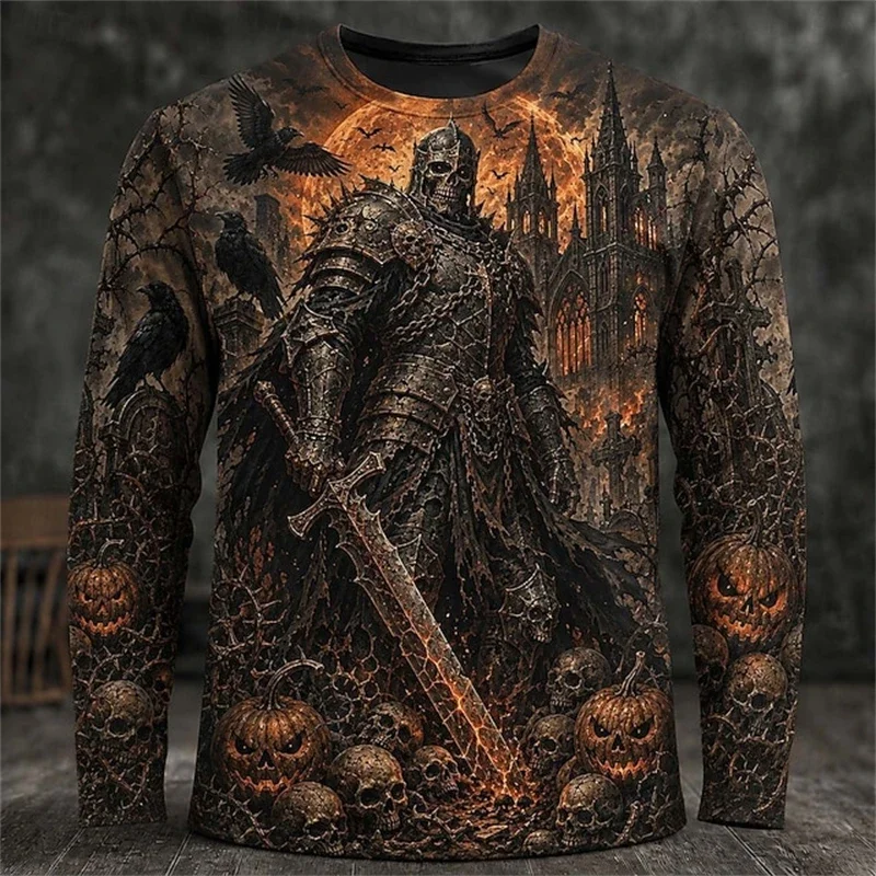 2026 Neues Herren-Halloween-Themen-Langarm-T-Shirt mit Rundhalsausschnitt und gruseligem Zauberer-Schädel-Print, Herren-Party-Oberteil für Feiertage – Detail 9
