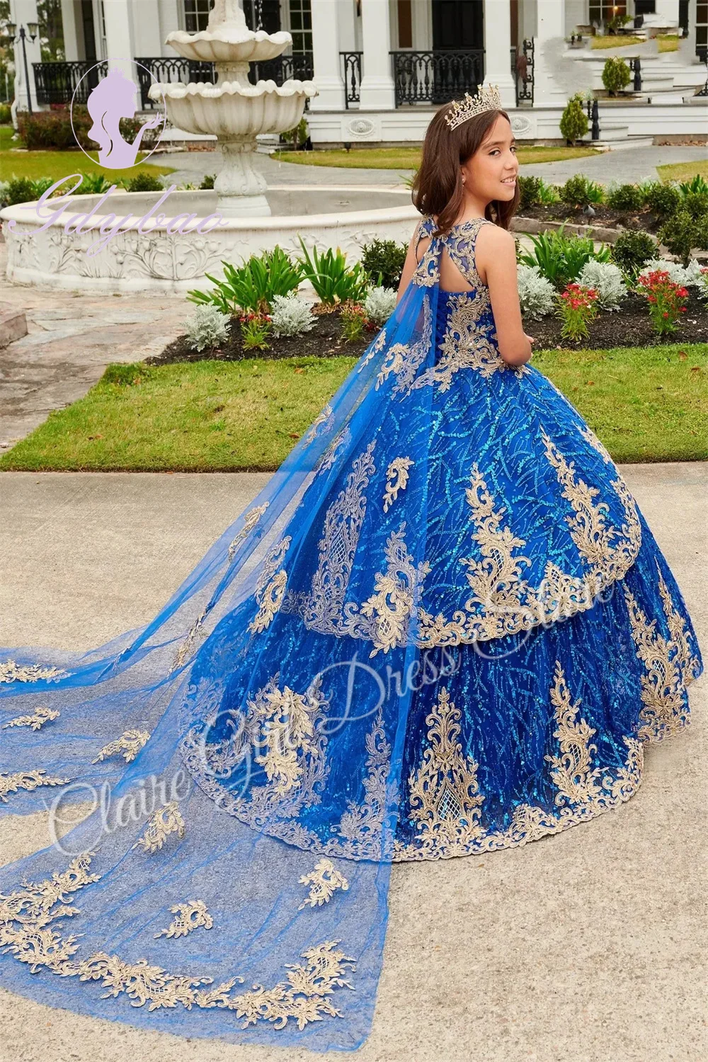 

Customized Royal Blue Flower Girl Dresses For Wedding Gold Appliques Sequins Princess Birthday Party Concert Pageant Gown