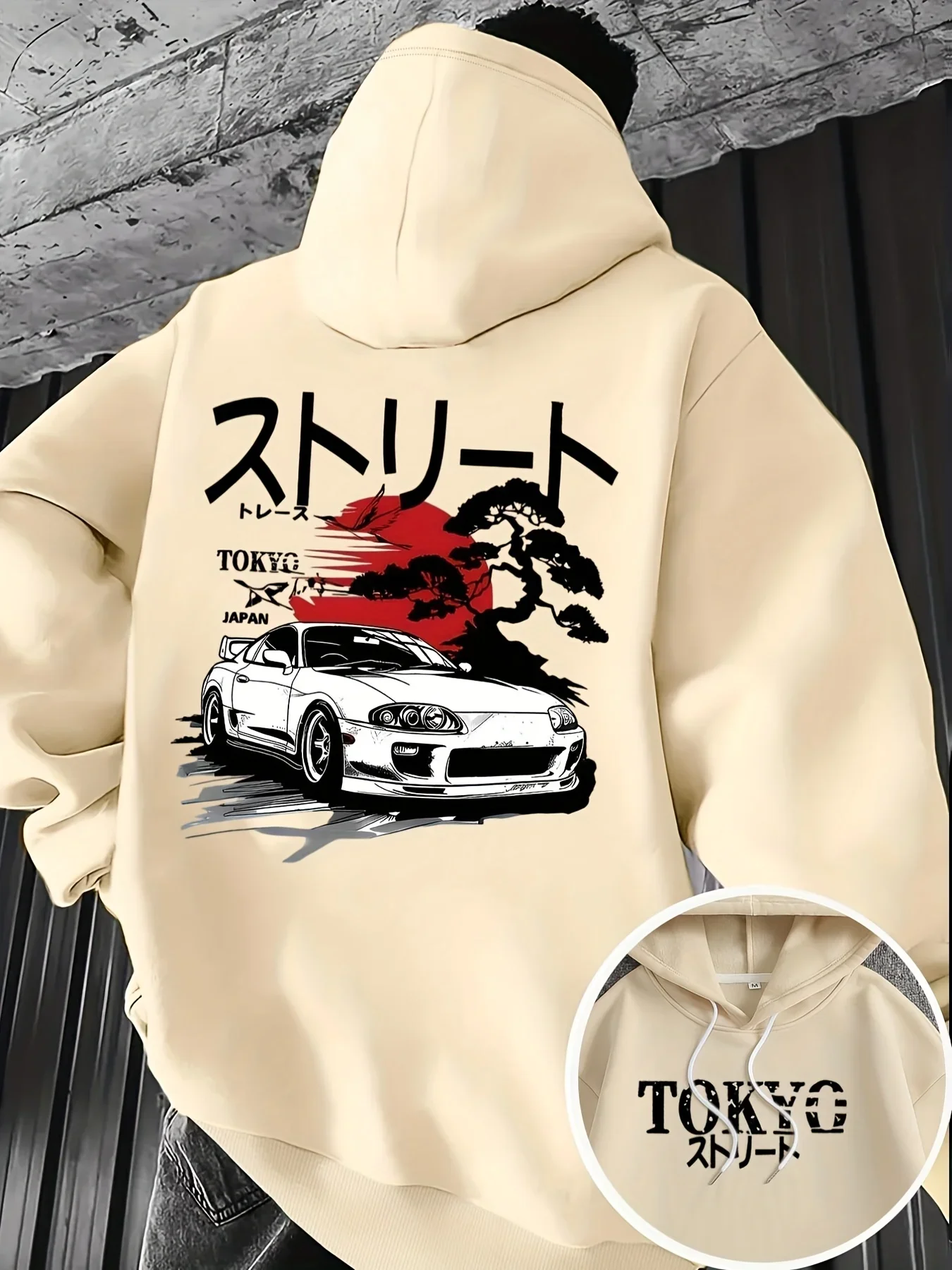 Retro Japanese JDM Street Racing Car Tokyo Letter Front And Back Graphic Hooded Sweatshirt Unisex Casual Loose Pullover