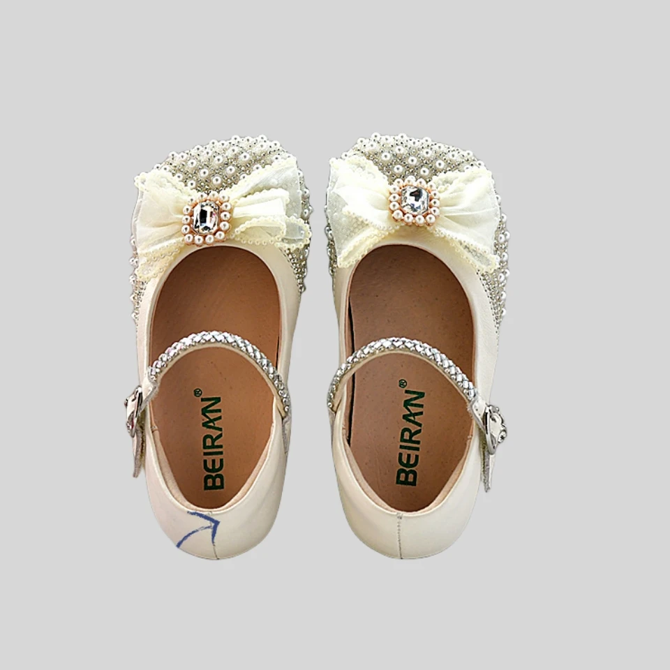 

Spring Autumn Genuine Leather Girls Lolita Princess Shoes Sweet Crystal Pearl Breathable Children's Casual Flats Shoes