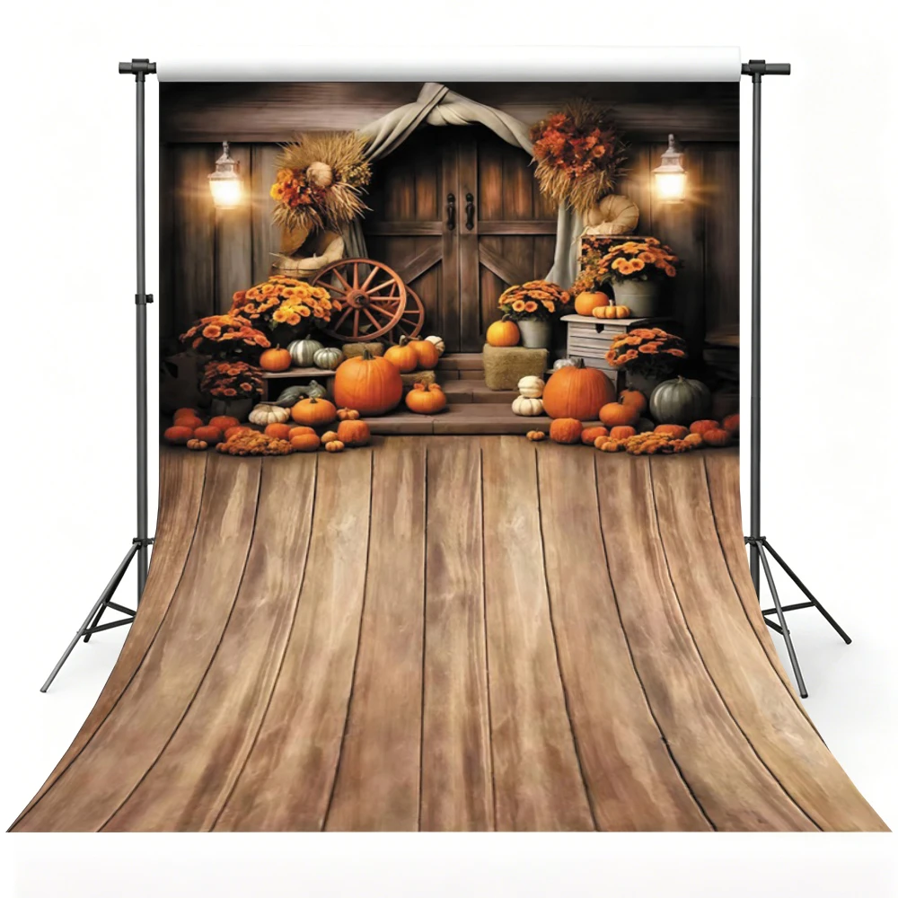 Autumn Harvest Photography Backdrop Pumpkin Flowers Barn Door Decoration Fall Thanksgiving Party Photo Background Studio Props