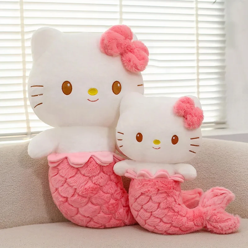 

New Sanrio Large Size Hello Kitty Mermaid Plush Toy Cute Soft Stuffed Cat Doll Pink Bow Kawaii for Girls Kids Pillow Doll Gift