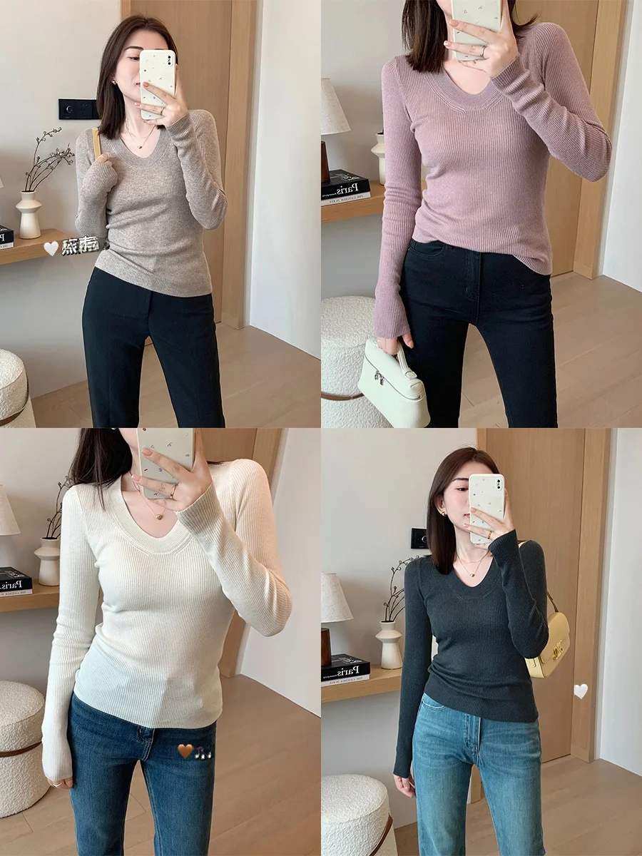 

Zhou i's Slimming U-Ne Camere Knit Long Sve Base irt Женский модный топ для внутренней одежды осень-зима