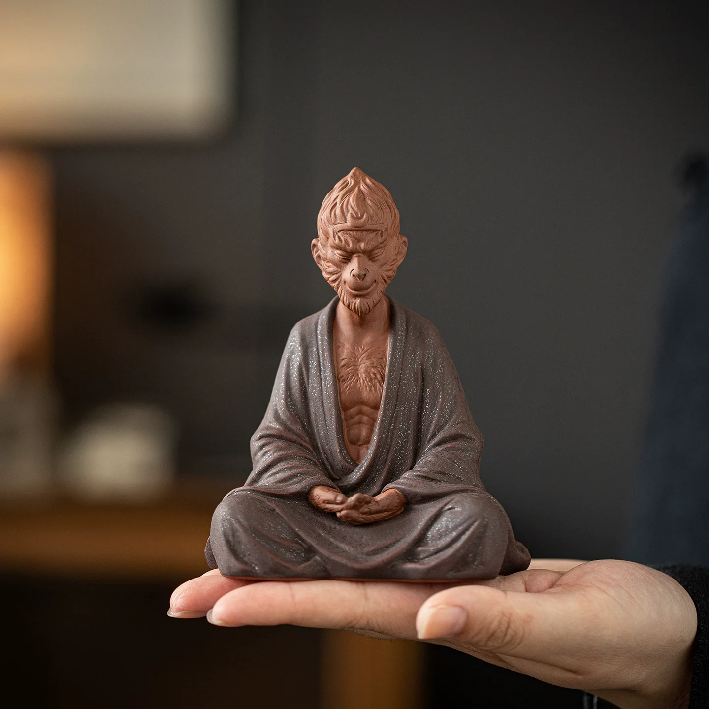 Monkey King Tea Pet Statue, Zisha Purple Clay Handsome Monkey King Figurine, Zen Style Tea Room Desk Decor, Calming Mythical Orn