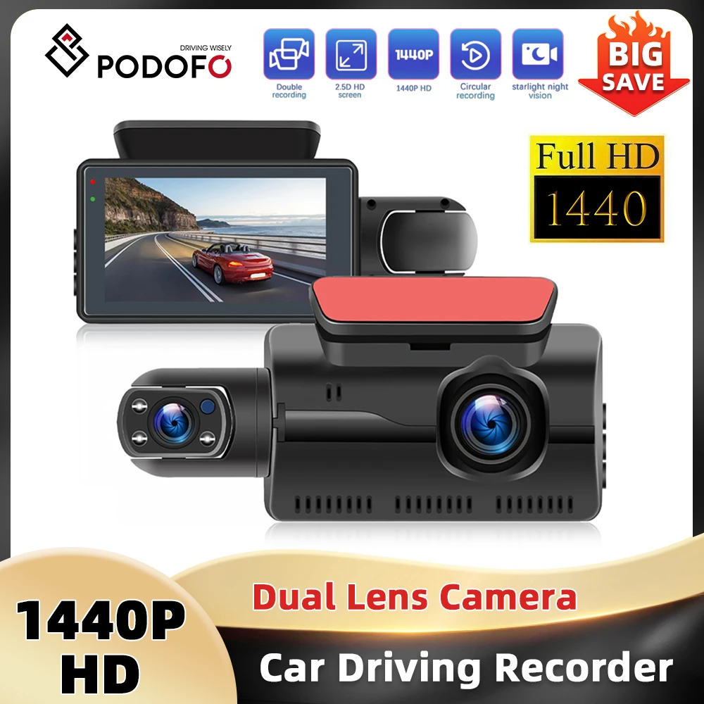 Podofo 3 ''IPS Screen Car DVR Dual Lens Cameras Wide Angel Night Vision Car Driving Recorder Parking Monitoring Motion Detection